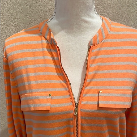 NWT Calvin Klein Orange/Tan Cuffed Sleeve Blouse with 3/4 zipper front - Picture 2 of 6